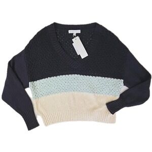 NWT Adyson Parker Blue Striped Knitted Sweater Boxy V Neck Women's Size M $59.00